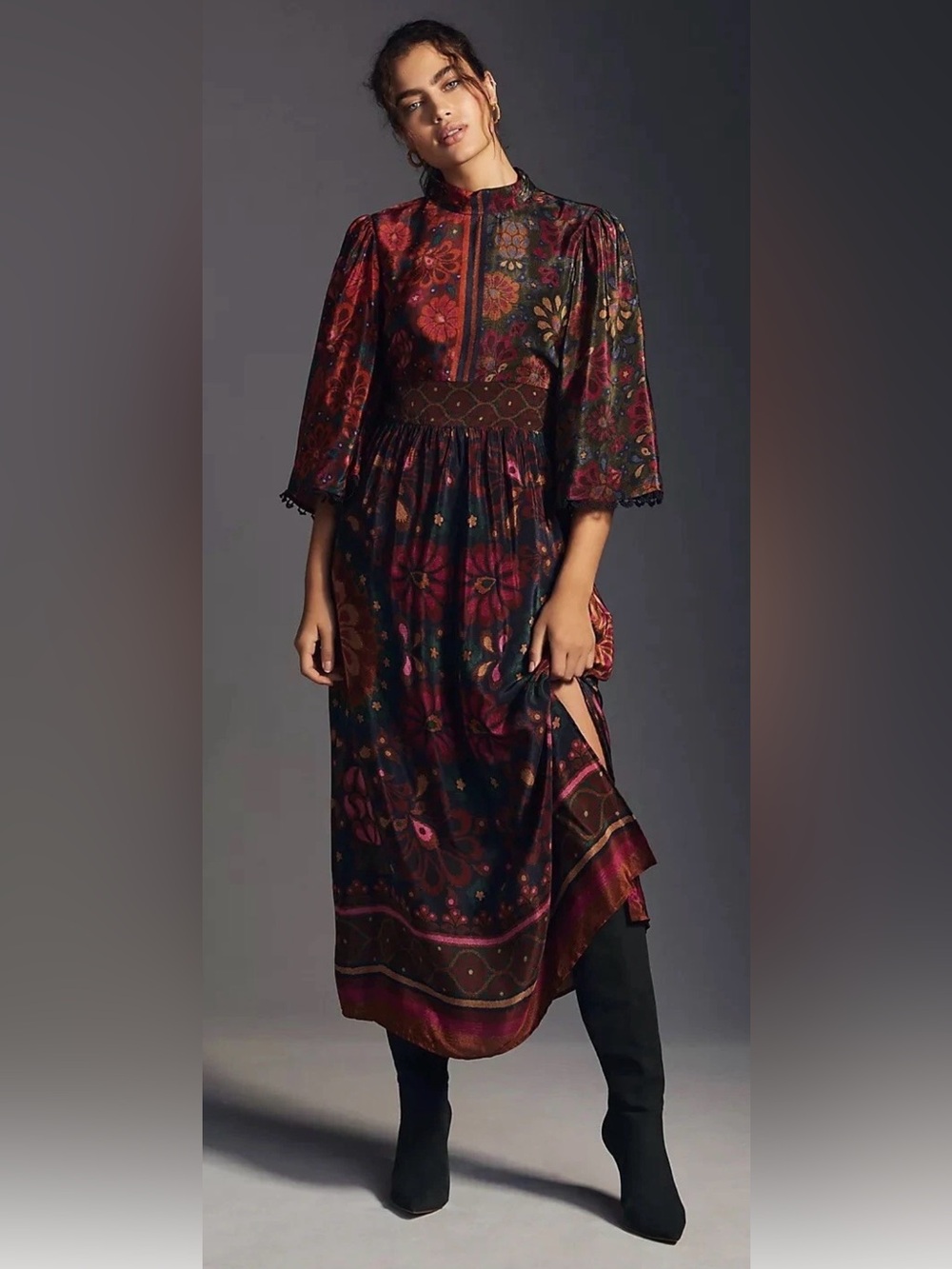 FARM Rio Dark Floral Maxi Dress in Burgundy, Navy & Gold
